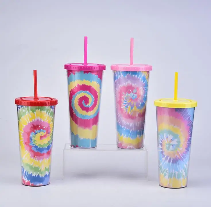 24 oz Tie-dye Tumbler With Lid And Reusable Straw Colorful Double Wall Insulated Travel Mug Cup  SN1218