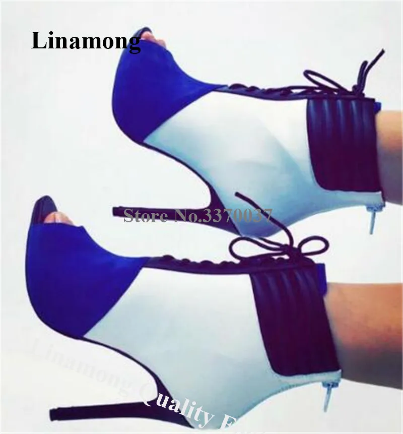 

Linamong Charming Women Peep Toe Patchwork Stiletto Heel Short Gladiator Boots Lace-up Lace-up Blue-white Mixed High Heel Boots