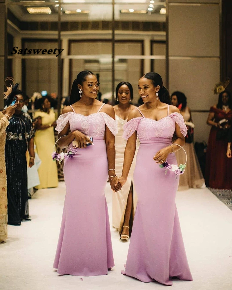 

Black Girl Mermaid Bridesmaid Dresses Cheap African Off Shoulder Wedding Guest Gown Long Spaghetti Prom Evening Dress