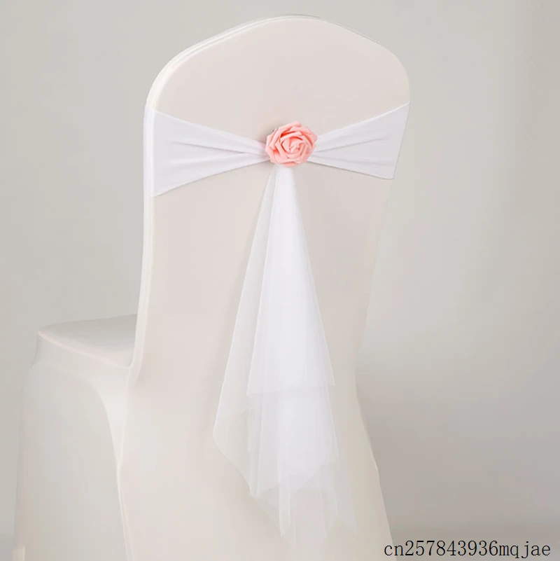 100 Pcs Muslin Chair Sashes Lycra Chair Band with Fake Pink Flower Wedding Banquet Decoration Home Decor