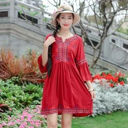 2021 Ethnic Bohemian Floral Embroidery Sundress Summer Beach V-Neck Dress Women Vintage Retro Loose Party Vestido Chic Dresses