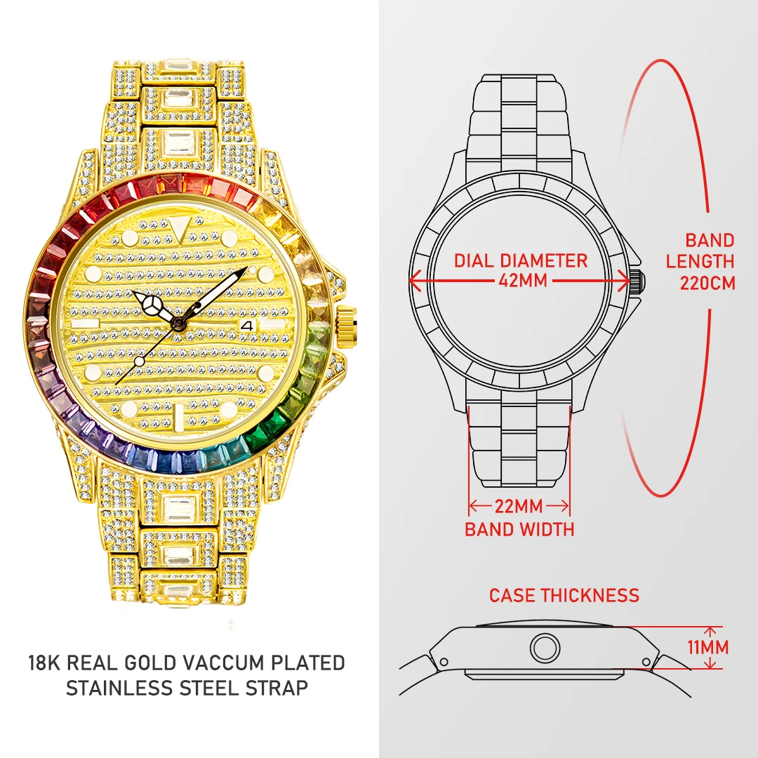 18K Gold Montre Homme Luxe Rainbow Diamond Fashion Man Watch Luminous Calendar Ice Out Quartz Wristwatch Froze Droshipping