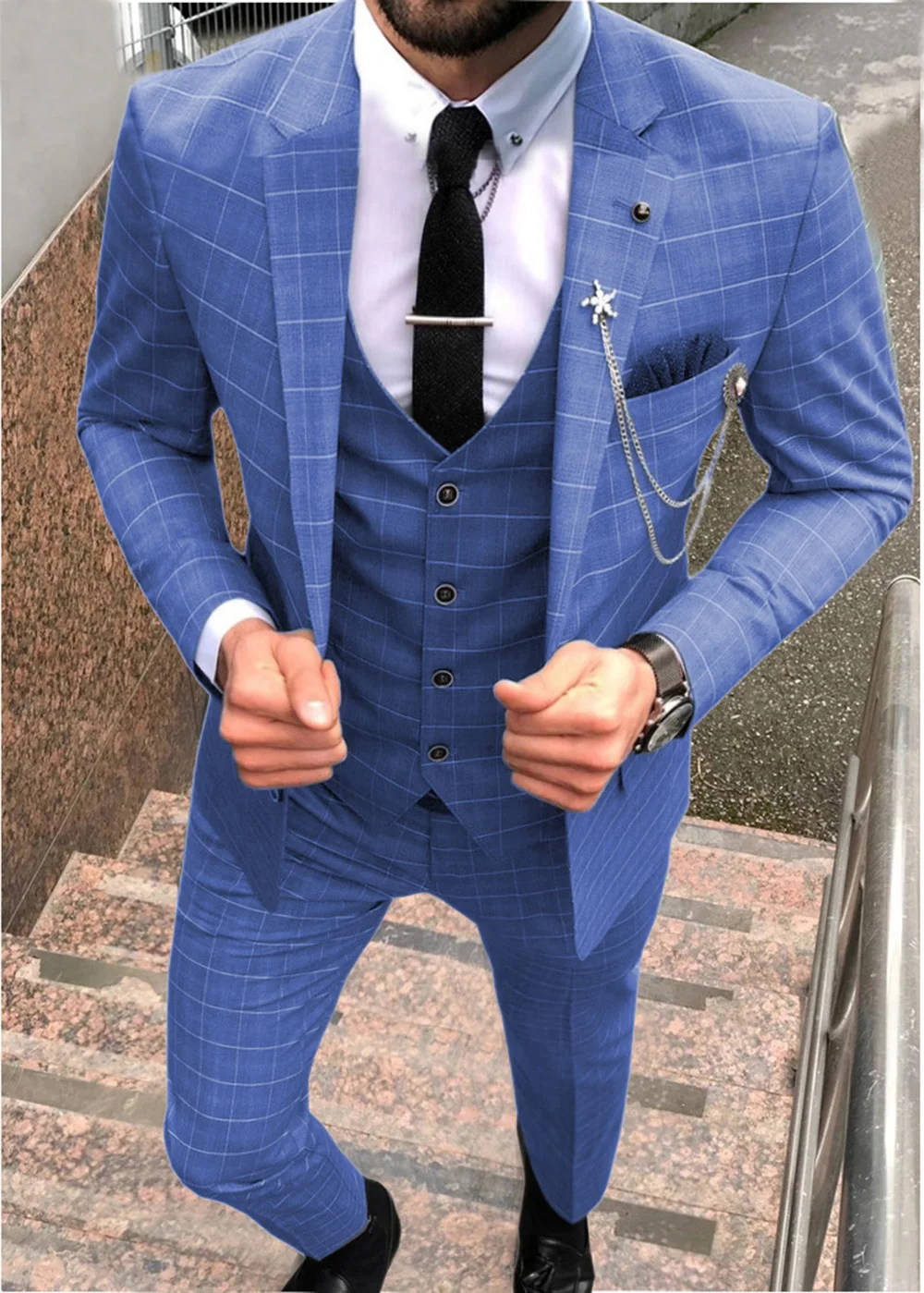 Men\'s Suit 3 Piece Plaid Formal Business Notched Lapel V Neck Tuxedos Groomsmen for Wedding Suits Men 2022 (Blazer,Vest & Pants)