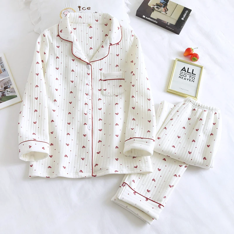 Autumn Winter Cute Pajamas Set Sleepwear Thicken Warm Cotton Female Long Sleeve Trousers Pijama Suit Pyjama Female Loungewear