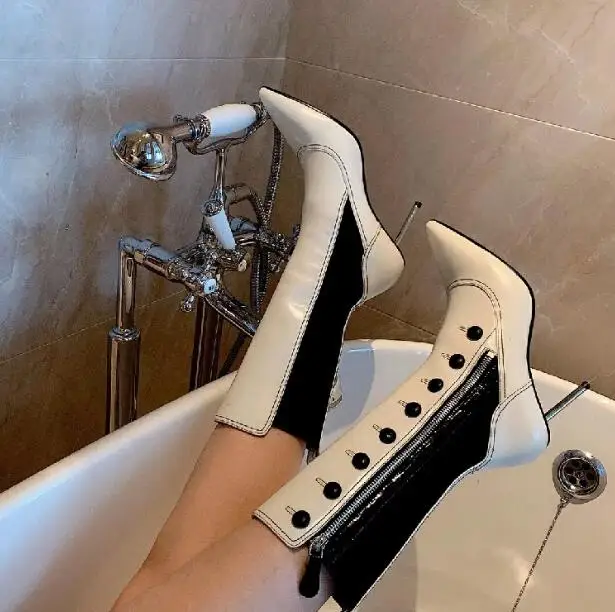 

Patchwork Elastic Genuine Leather Buttons White Black Zipper Iron Stiletto Heels Pointed Toe Fashion Mid-calf Boots Woman