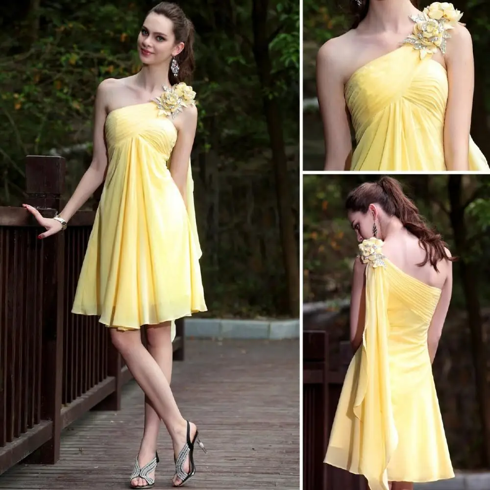 

free shipping party prom gown 2023 yellow chiffon one shoulder flowers a-line elegant banquet dress short Bridesmaid Dresses