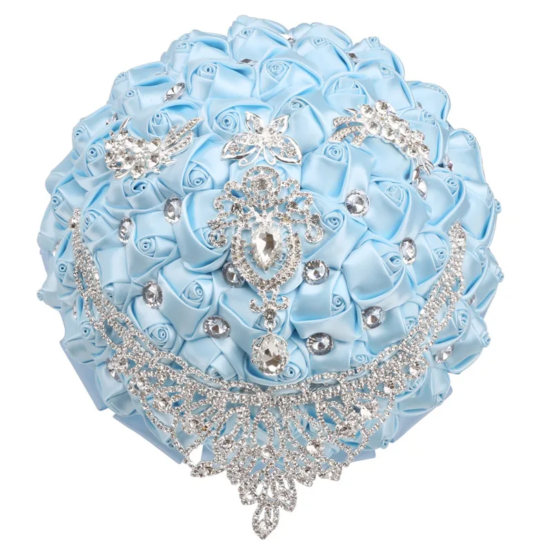 

Selling Rhinestone Bride Bridesmaid Bouquet Baby Blue Satin Rose Bouquet Pearl Rhinestone Diy Wedding Party Decoration QL011