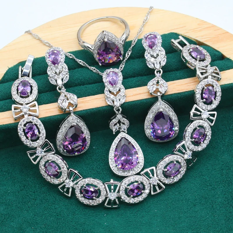 New Arrivals 925 Silver Jewelry Sets for Women Purple Zircon Bracelet Earrings Necklace Pendant Ring Dating  Gift