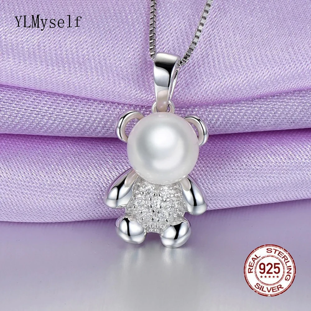 

Real 925 Sterling Silver Pendant 40/45cm Chain 8mm Pearl Lovely Bear Cute Animal Fine Jewelry Gift for Girl