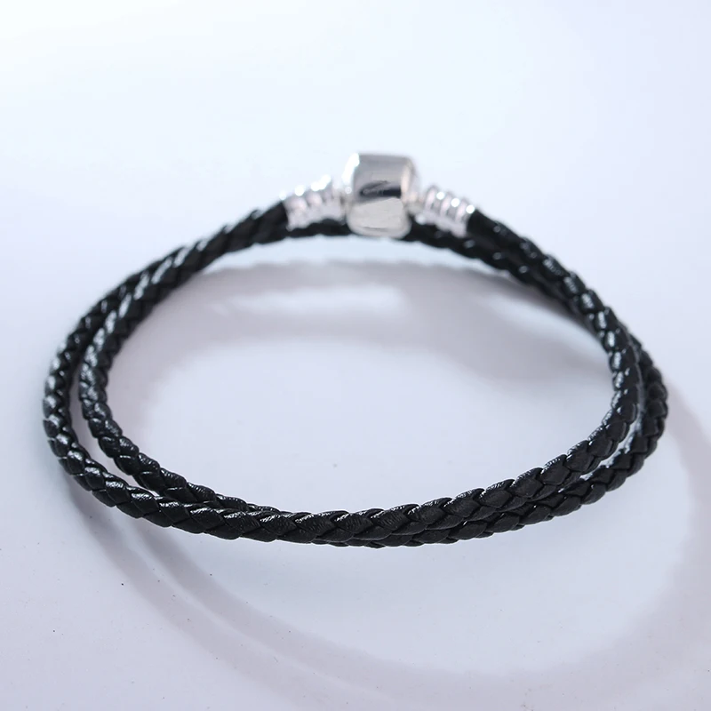 

Black Color Leather Bracelets for Women Men Classic Signature Clasp Silver 925 Jewelry Braided Rope Charms Bracelets DIY Making