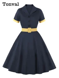 Tonval-vestido Rockabilly Vintage para mujer, 100% algodón, con cinturón, cuello vuelto, manga corta, línea A, de verano, liso y a cuadros