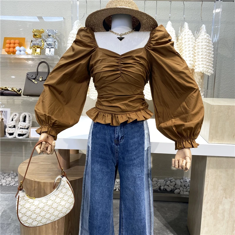 New Brand Original Design Square Neck Pleated Bubble Long Sleeve Shirt Gentle Goddess Fan Xian Thin Wood Ear Foreign Style Top