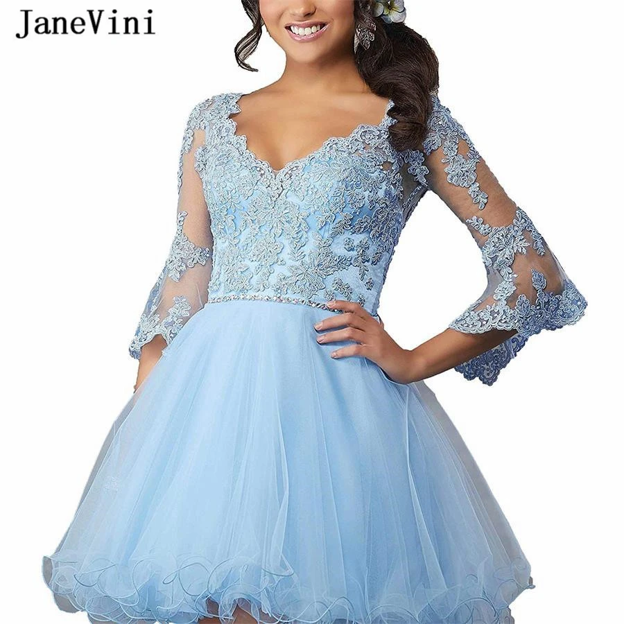 JaneVini-vestido de fiesta azul cielo claro, elegante, manga hinchada, cuello en V, apliques de encaje, cuentas, espalda abierta, corto de tul de noche