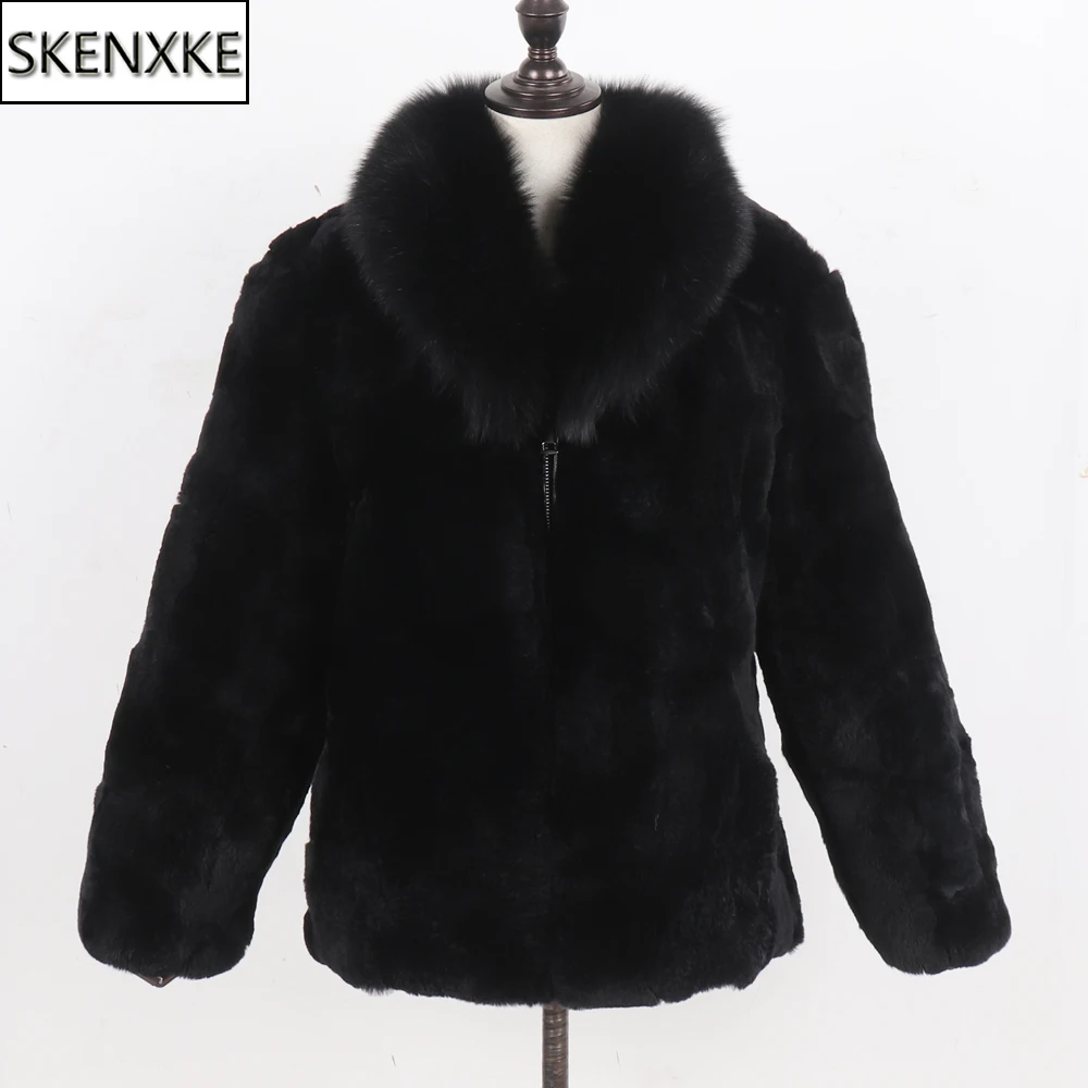 

Women Winter Thick 100% Natural Real Rex Rabbit Fur Coat Russia Lady Warm Quality Real Rex Rabbit Fur Jacket With Fox Fur Collar