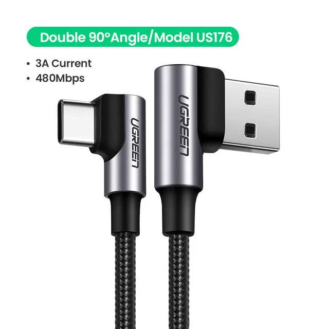 Кабель Ugreen, 3 А, USB Тип Type C кабель , для быстрой зарядки, 3,0, 90 градусов, USB C кабель для Samsung S20, Xiaomi Poco X3 pro, быстрое зарядное устройство,шнур зарядки телефона,зарядка для телефон