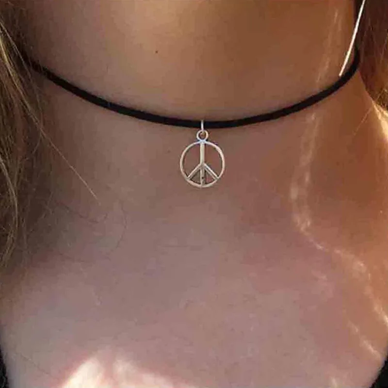 Peace Sign Leather Stainless Steel Choker Necklace for Women and Teen Girls Boho Jewelry Necklace