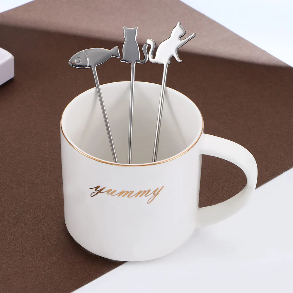 1 Pcs Creative Fish Cat Design Coffee Stirring Spoon Cute Stainless Steel Dessert Tea Scoop Home Kitchen Accessories