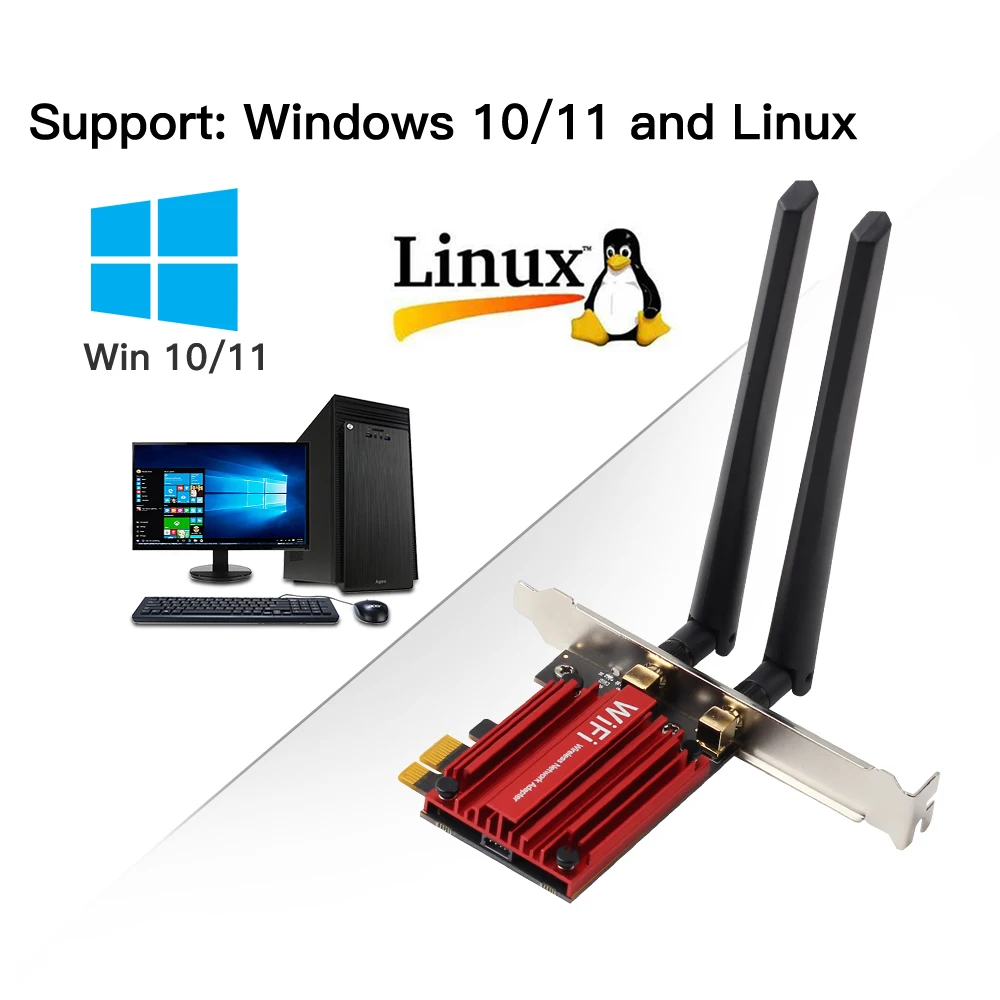 3000Mbps Dual Band Intel AX210 Wi-Fi 6E Wireless PCI-Express Adapter Bluetooth 5.2 Desktop Network Card 2.4G/5G/6Ghz 802.11AX/AC