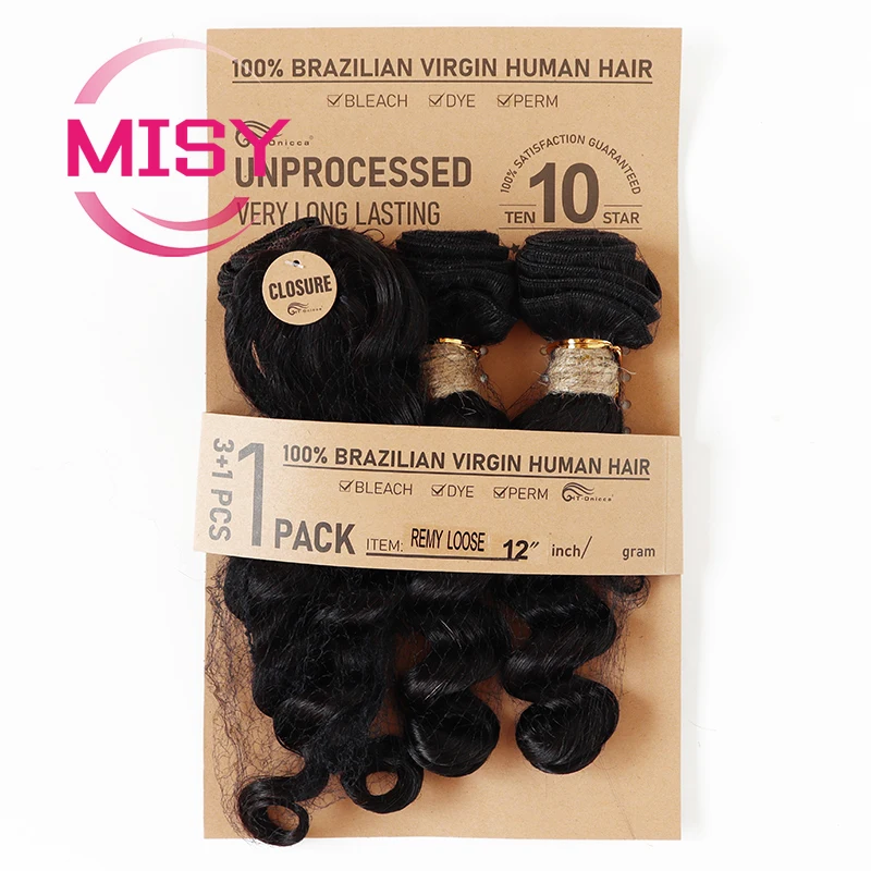 Extensiones de cabello humano brasileño Remy, mechones de pelo corto y liso con cierre, color negro Natural, 3 uds.