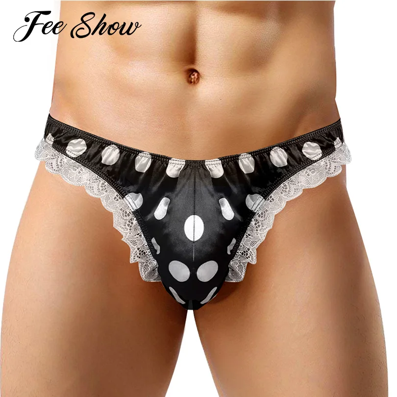 Sexy Lingerie Shiny Low Rise Briefs Men Bikinis Panties High Cut Ruffle Lace Polka Dots Bulge Pouch G-string Thong Men Underwear