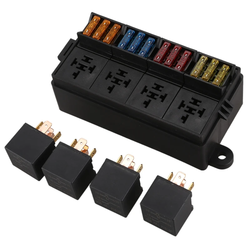 12 Way Blade Fuse Holder Box with Spade Terminals and Fuse 4PCS 4Pin 12V 40A Relays for Car Truck Trailer and Boat