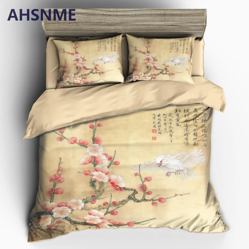 

AHSNME Chinese Ink Painting Spring Plum Duvet Cover Sets 100% Microfiber Bedding Set 3pcs