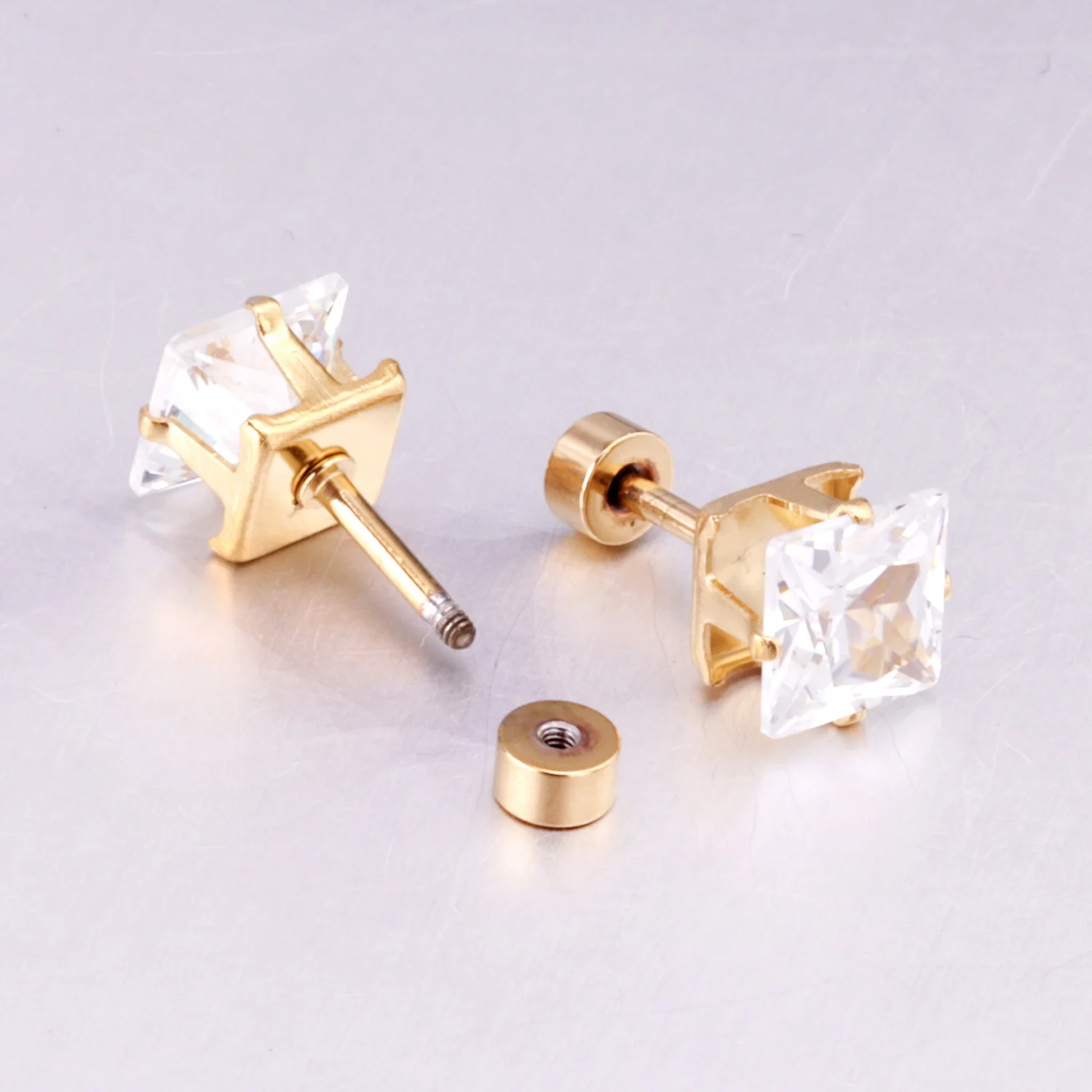 LUXUSTEEL 3mm to 7mm Geometry Square Clear CZ Cubic Zirconia Earrings With Small Stainless Steel Golden Screw Stud Earrings