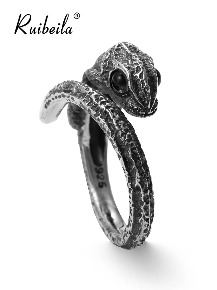 

Bague ouverte caméléon tridimensionnelle ruibeila bague de taille ajustable en argent sterling 925 rétro en détresse pour hommes