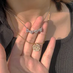 Zircon Lucky Four Leaf Stainless Steel Magnet Heart Pendant Necklace For Women Couples Jewelry Gift Collar BFF Bijoux Femme