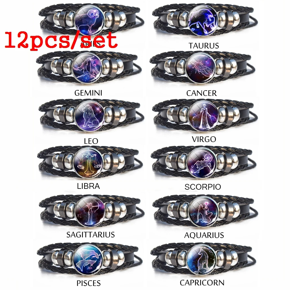 12 Pcs Bracelet Set Constellation Pulseras Mujer Zodiac Braided Leather Bangles Bracelet for Women Jewelry Sets Snap Button