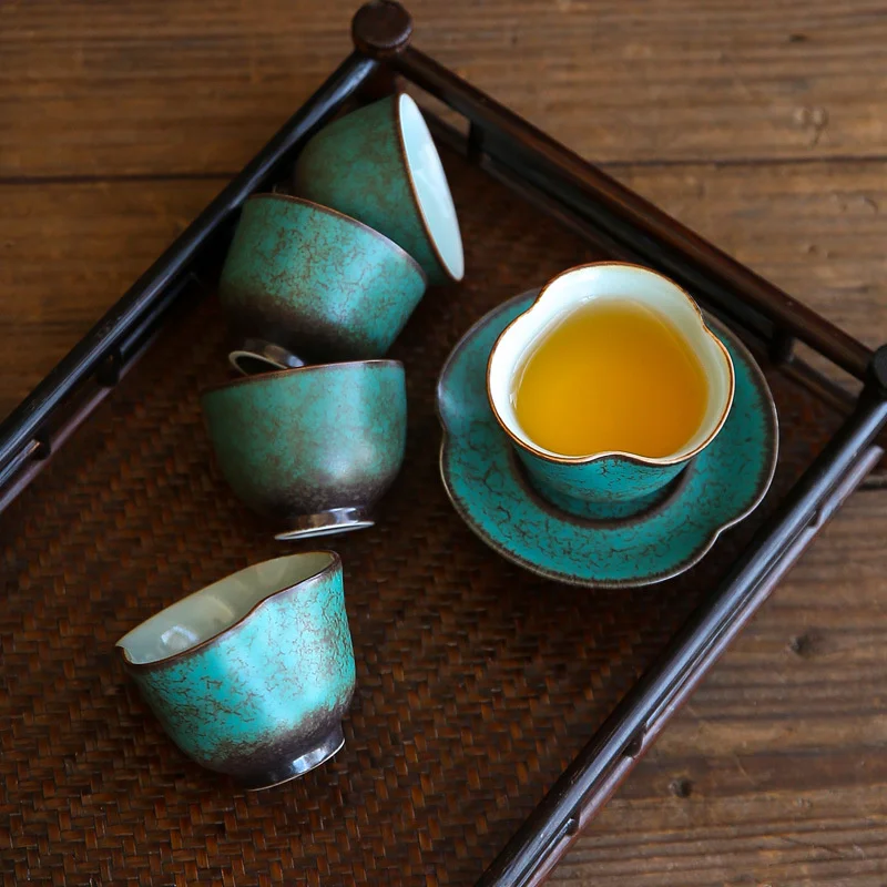 Japanese Style Turquoise Glaze Ceramic Kung Fu Tea Set Tea Cup Household Kiln Change Tea Cup Master Cup Tea Ceremony Customized