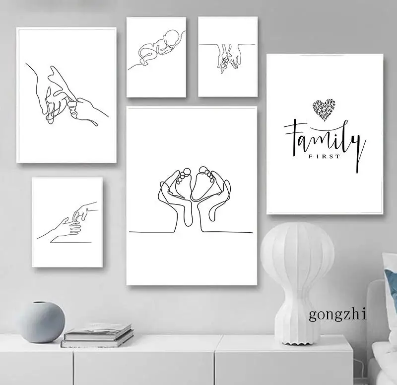 Nordic Family Maternal Love Canvas Painting Geometric Lines Drawing Pictures Baby Room Decor Wall Art Modern Posters and Print