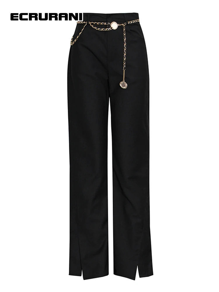 

ECRURANI Black Side Split Flare Pant For Women High Waist Straight Patchwork Chain Casual Trousers Females 2021 Autumn New Style