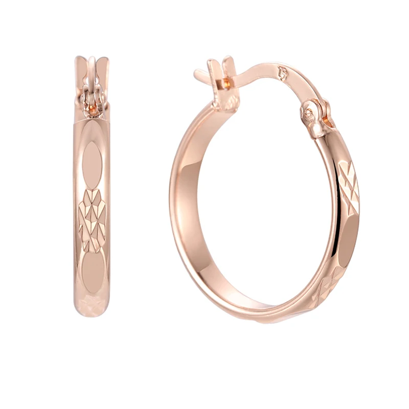 FJ  Women Smart Circle Engraving  585 Rose Gold Color Hoop Earrings