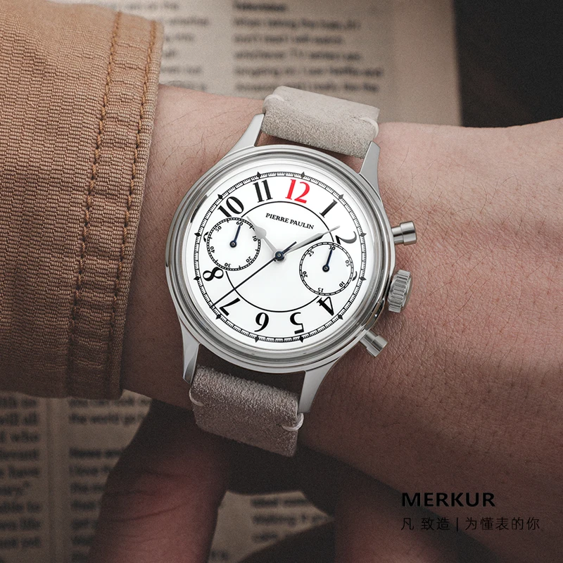 38mm Enamel Red ST19 Manual Mechanical Chronograph German Style Retro Complicated Men\'s Handwind Watch Relogio Masculino