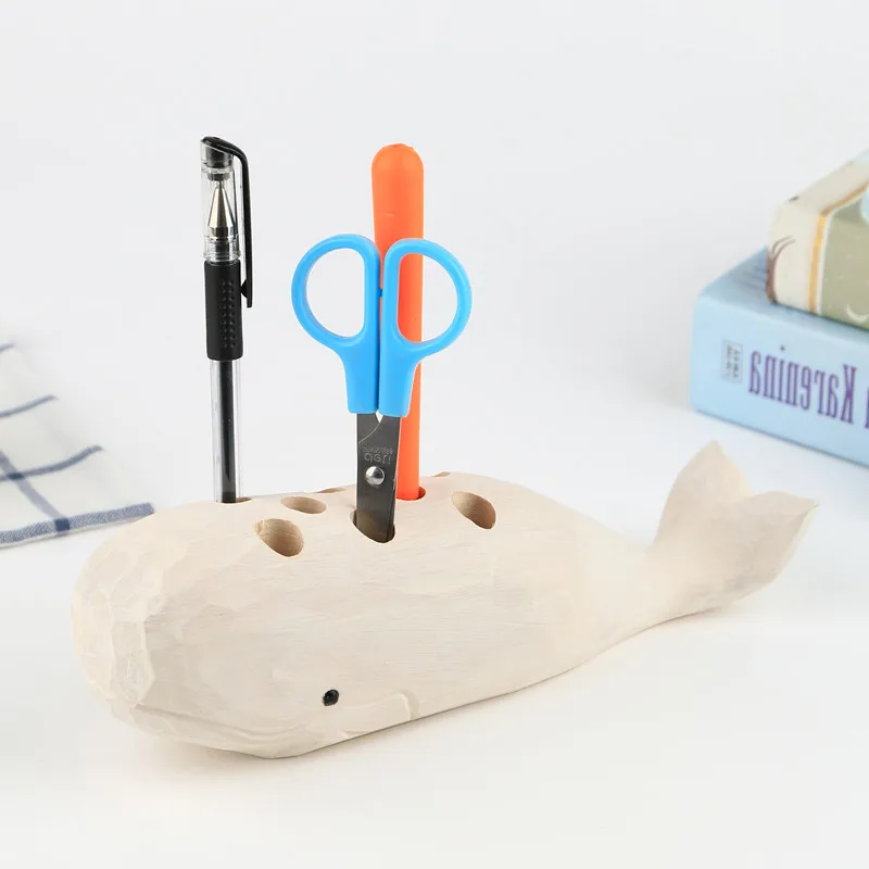 Cute Beluga Pen Holder 8 Holes Handmade Craft Natural Wood Art Basswood Table Ornaments Student Stationery Display Kawaii Gifts