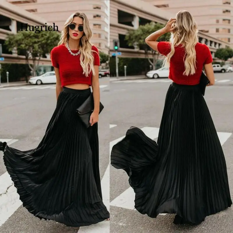 Fashion Long Skirt Stretch High Waist Ropa Mujer Solid Color Loose  All-Match Pleated Skirts Jupe Femme Woman Clothes