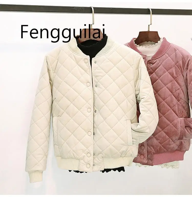 Imagem -02 - Fengguilai Outono Inverno Feminino Curto Cabolsas de Algodão Quente Engrossar Veludo Parka Jaquetas Estudantes de Beisebol Outerwear Sólidos Bombardeiros para