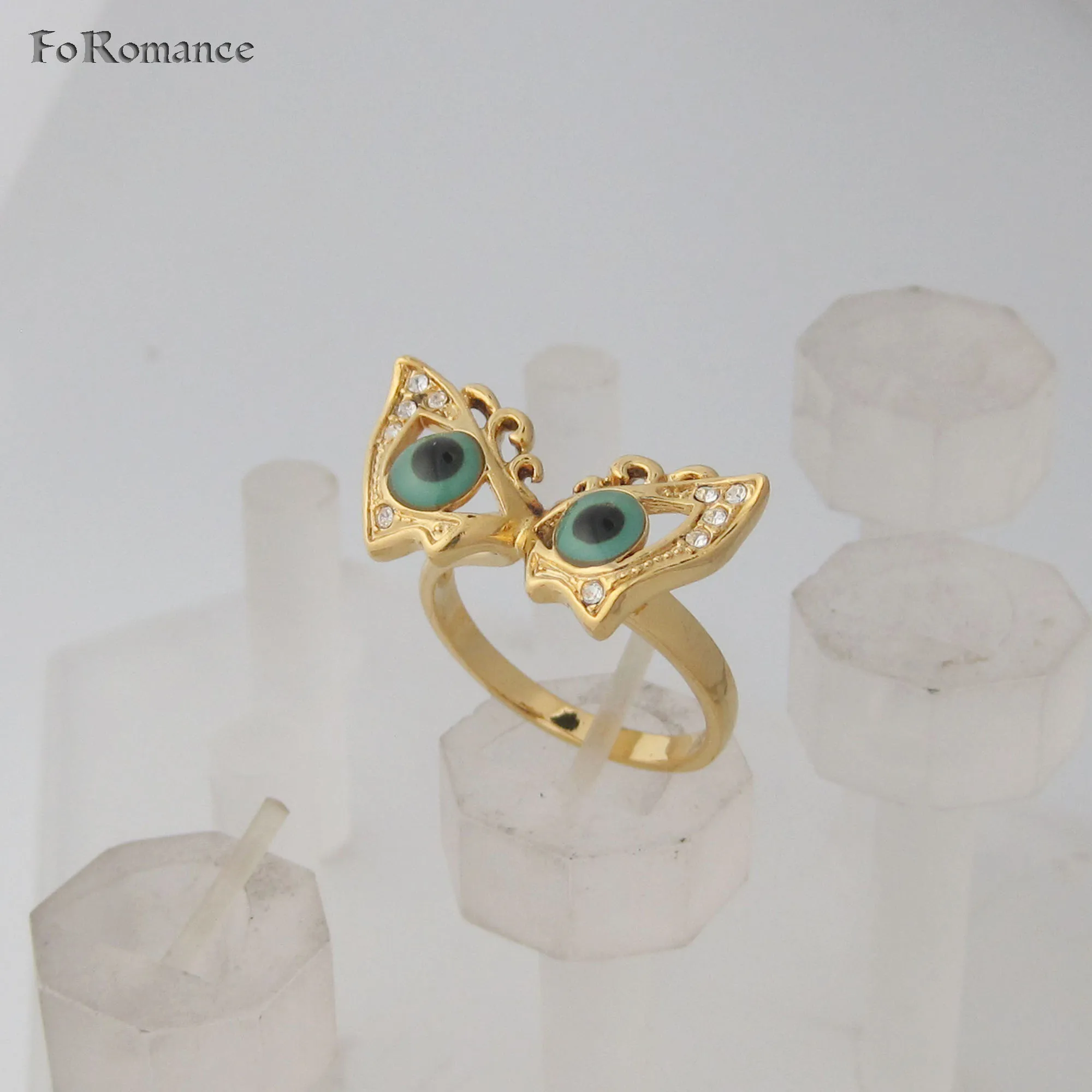YELLOW GOLD PLATED EYE EVIL EYE PROTECTION FROM EVIL THINGS ENAMEL RING BUTTERFLY SHAPE FROM SIZE 8 9 10