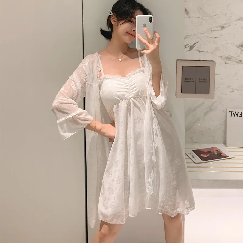 

Summer and autumn ladies long sleeved sexy Sleepwear lovely strapless nightgown lace princess with chest cushion nightgown 2PCS