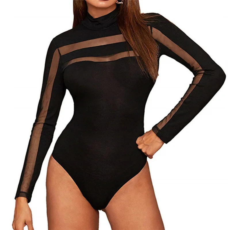 Women Summer Mock Neck Mesh Sheer Skinny Romper Nightwear Clubwear Rompers Bodysuit Long Sleeve Sexy Body Female Basic Bodysuits