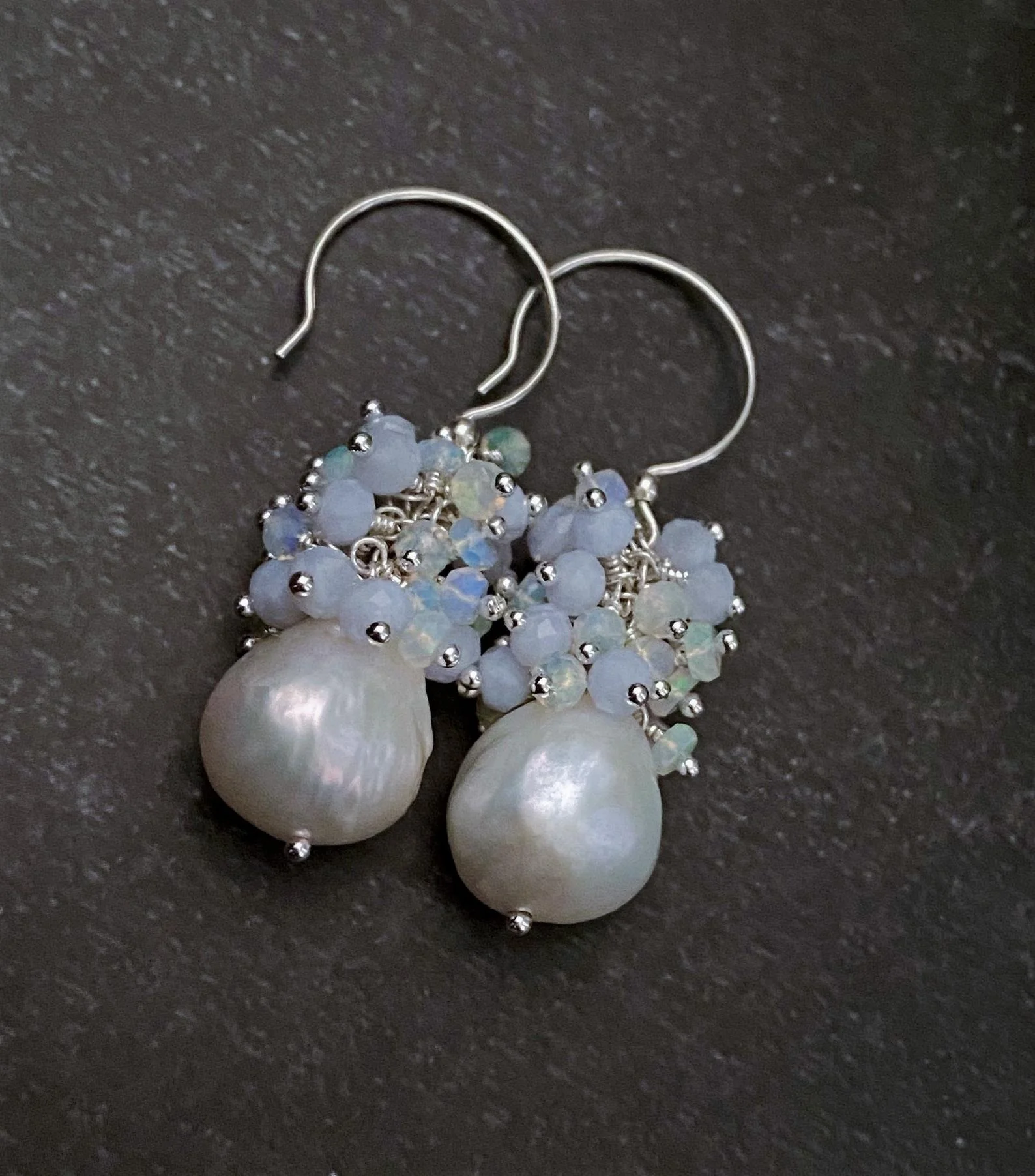 sterling silver blue chalcedony earrings-white cultured pearls-welo Ethiopian opal