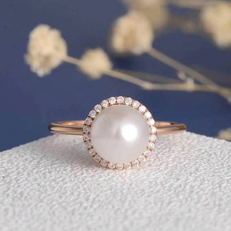 Fashion Zircon Rose Gold Plated Pearl Ring Charm Lady Ring Elegant Girl Jewelry Cocktail Ring Birthday Gift Size Us6-10