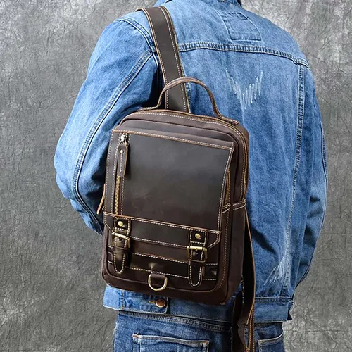 Luufan Bolso de pecho para hombre de cuero Crazy Horse, mochila de un solo hombro, mochila de viaje para hombre de cuero de vaca Vintage de 2 usos, mochila marrón