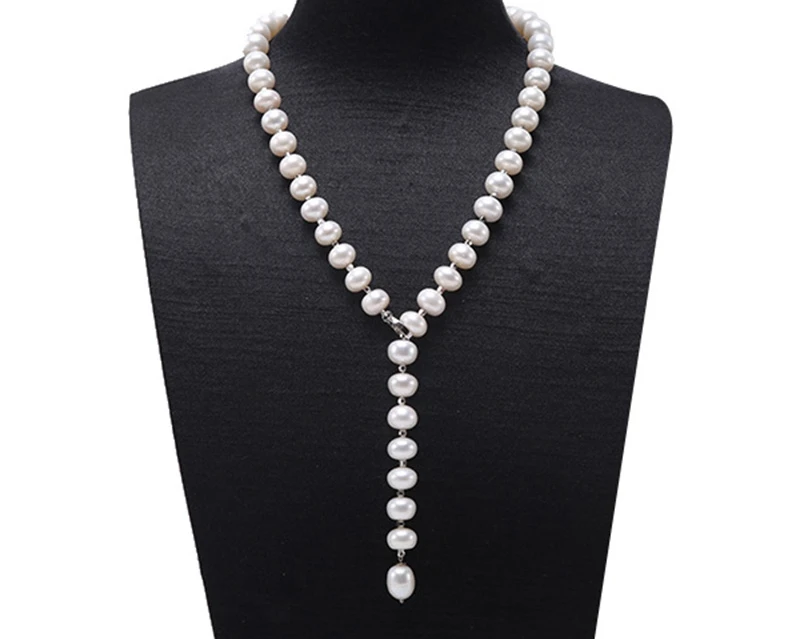 

Pearl Long Necklace 9-10mm White Freshwater Cultured Pearl Necklace with Adjustable Length jewelry Women 20.5" elegant