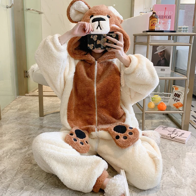 Women Sleepwear Plush Winter Pajamas Fashion Home Wear Cartoon Hooded Coral Velvet Nightgown Plus Size Flannel Nighty Add Fleece