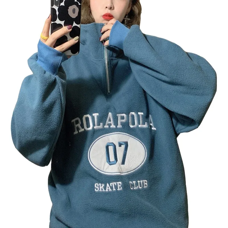 

2020 New Autumn And Winter Polar Fleece Letter Embroidered Female Hoodie Loose Lazy Style Plus Velvet Thick Ins Women Pullover