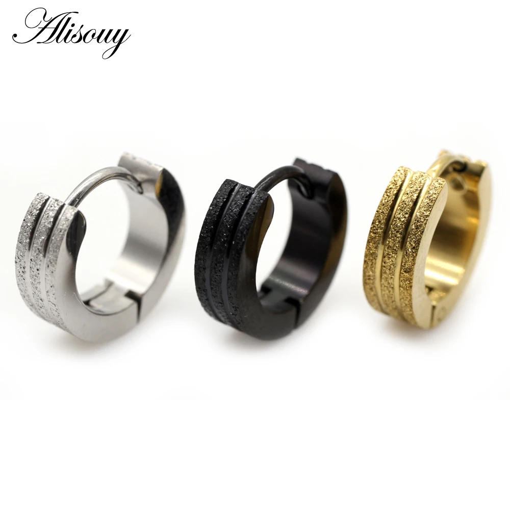 Alisouy 2pcs New Frosted Scrub Groove Ear Earring Stainless Steel Small Circle Hoop Earrings for Women Men Punk Piercing Jewelry