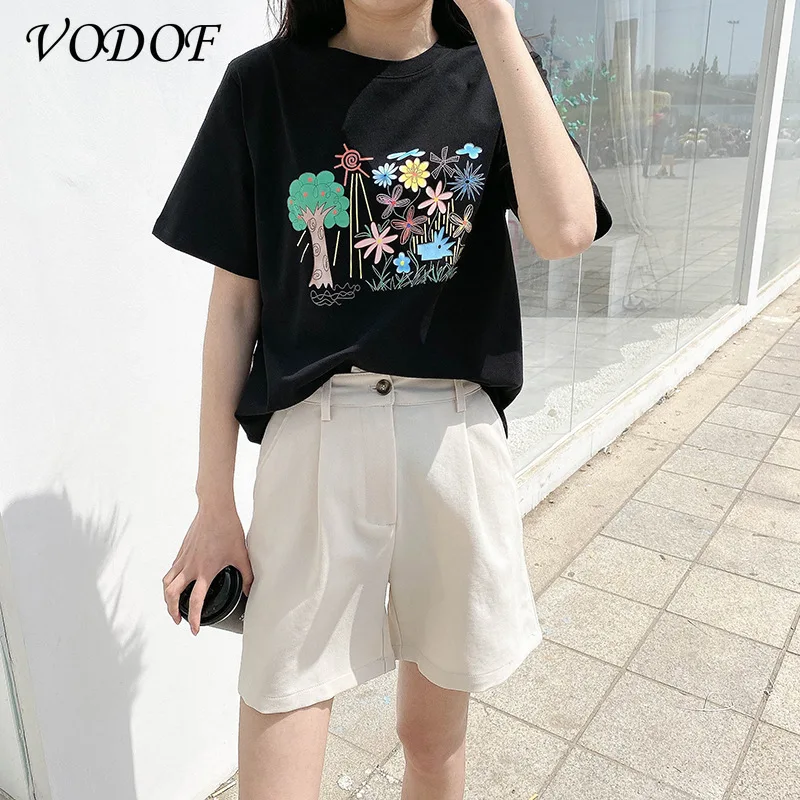 

2021 Women's Cotton T-shirt Short Sleeve O-neck Casual Tee Cartoon Printed Ladies Casual Cute T-Shirt Summer Tops for Women