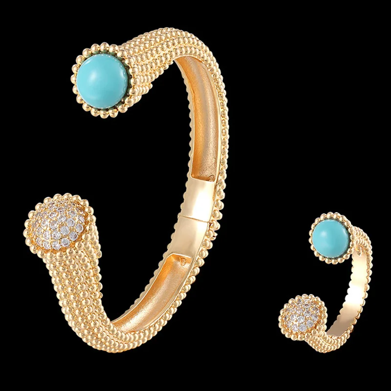 zlxgirl Metal gold Simple square Beaded open-ended bangle and ring jewelry set fashion copper bangle everyone new year gifts